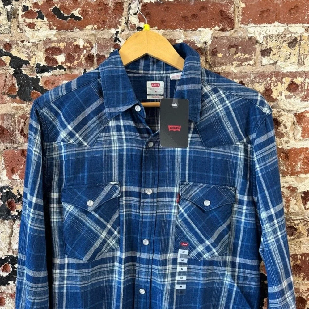Levis Pearl Snap Shirt Long Sleeve Western Mens Medium Blue Plaid Levi's NEW